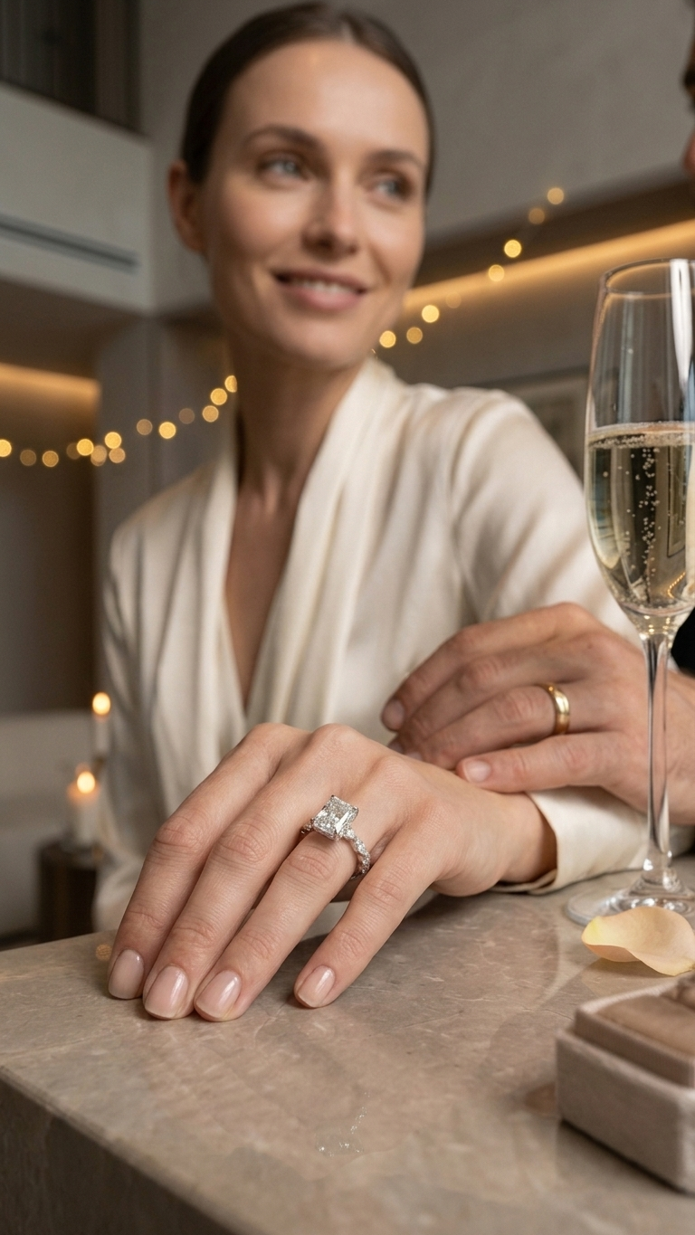 The Namrata engagement ring worn on hand, lifestyle photo